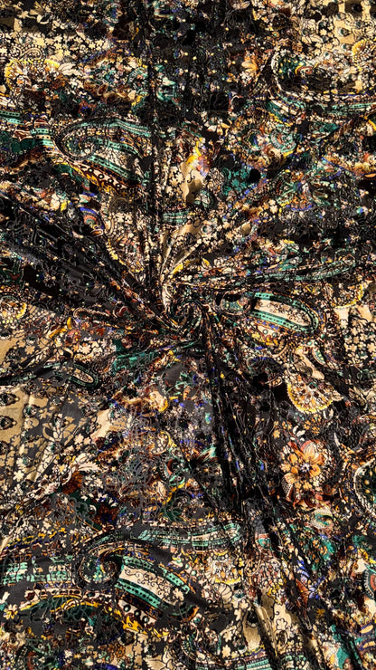 New Luxury paisley design print on burnout velvet Gold/Multicolor 4-way stretch 58/60” Sold by the YD. Ships Worldwide from Los Angeles CA