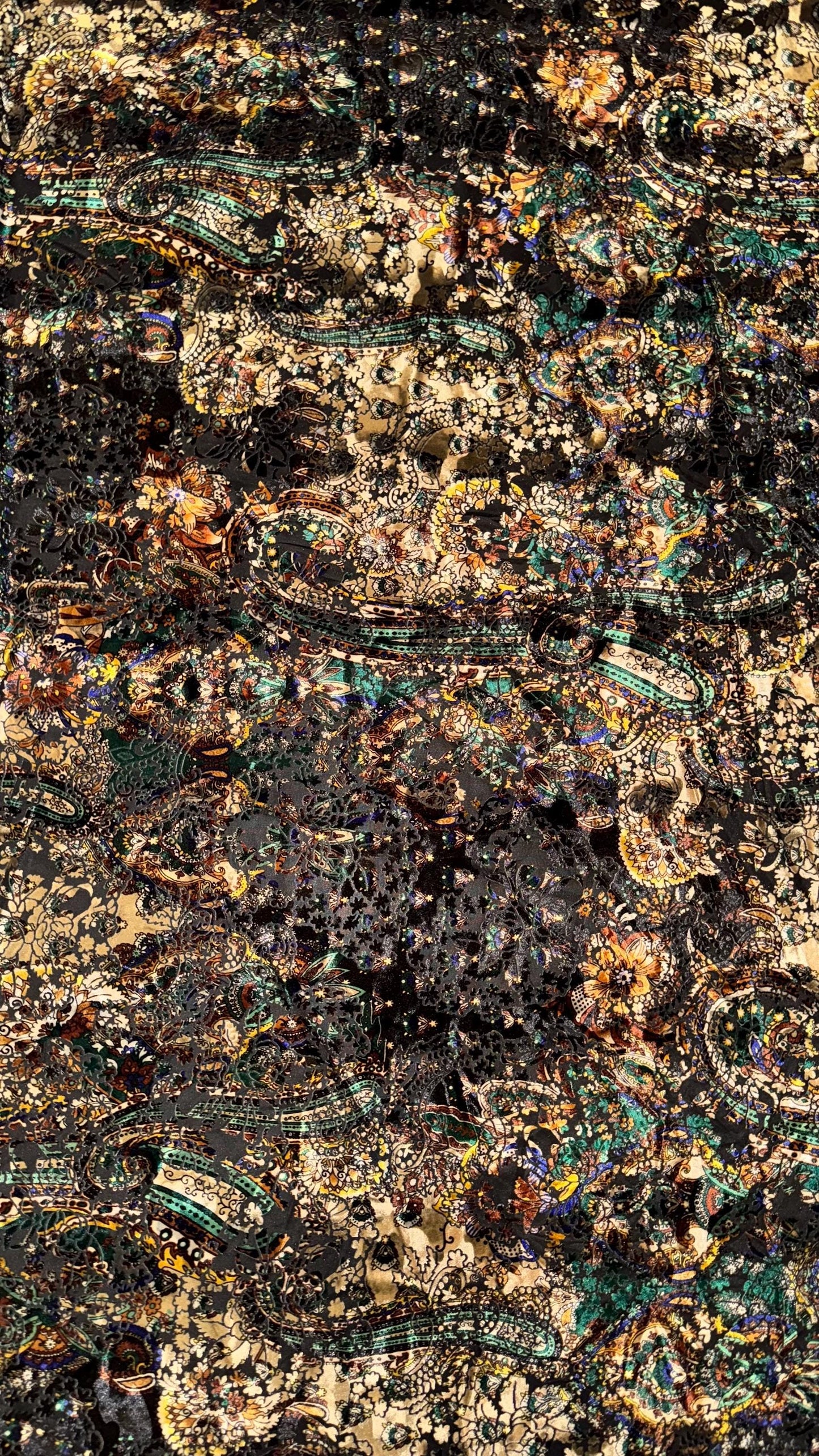 New Luxury paisley design print on burnout velvet Gold/Multicolor 4-way stretch 58/60” Sold by the YD. Ships Worldwide from Los Angeles CA