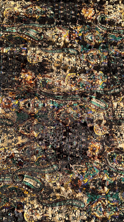New Luxury paisley design print on burnout velvet Gold/Multicolor 4-way stretch 58/60” Sold by the YD. Ships Worldwide from Los Angeles CA