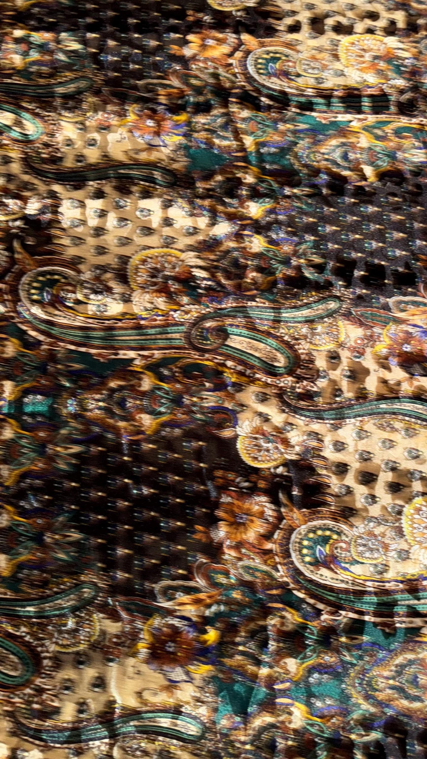 New Luxury paisley design print on stretch velvet Gold Multicolor 4-way stretch 58/60” Sold by the YD. Ships Worldwide from Los Angeles CA