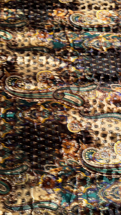 New Luxury paisley design print on stretch velvet Gold Multicolor 4-way stretch 58/60” Sold by the YD. Ships Worldwide from Los Angeles CA