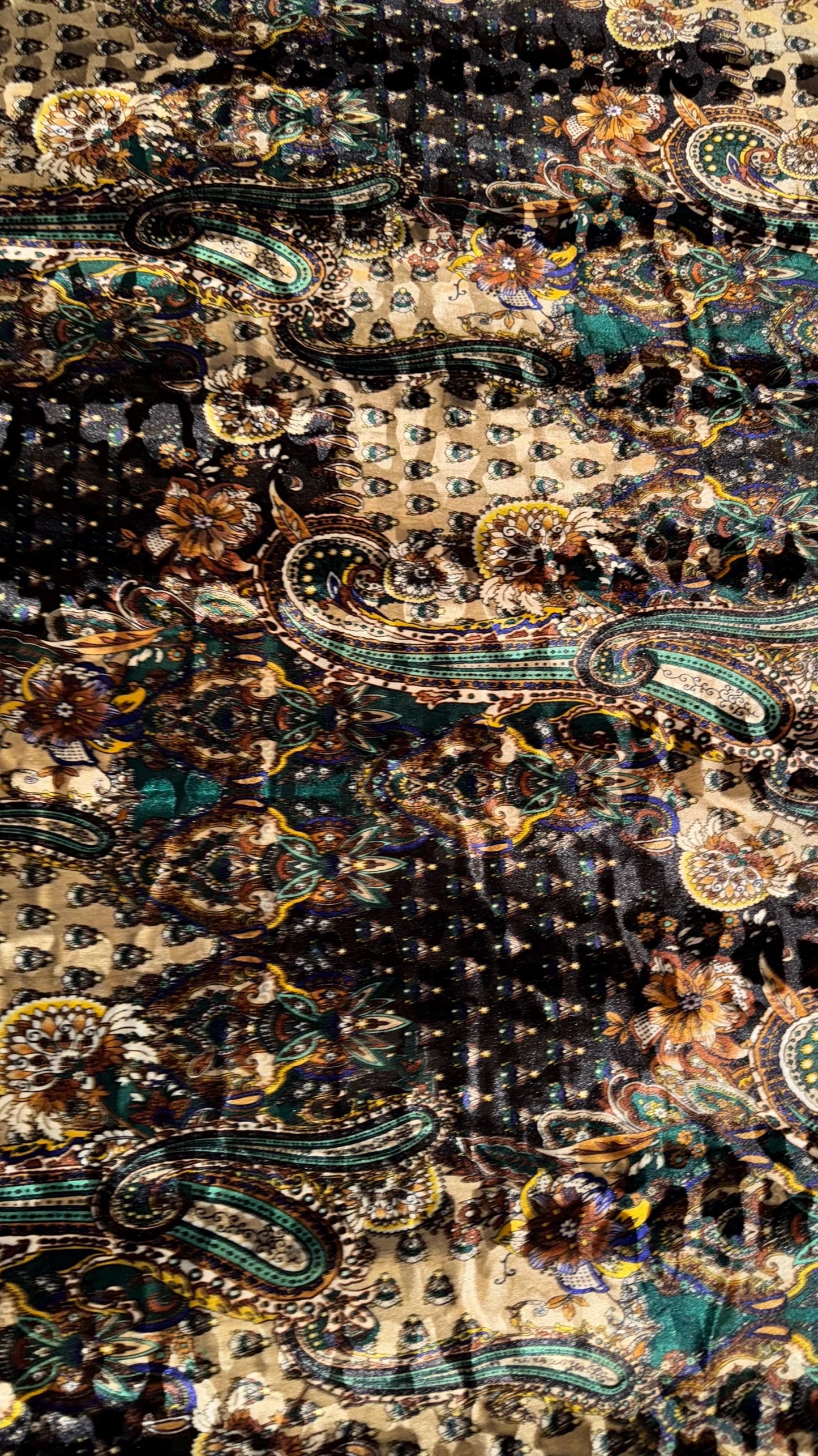 New Luxury paisley design print on stretch velvet Gold Multicolor 4-way stretch 58/60” Sold by the YD. Ships Worldwide from Los Angeles CA