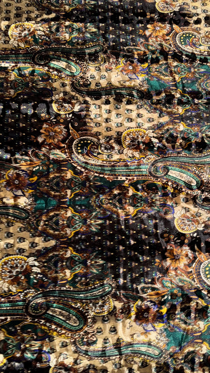 New Luxury paisley design print on stretch velvet Gold Multicolor 4-way stretch 58/60” Sold by the YD. Ships Worldwide from Los Angeles CA