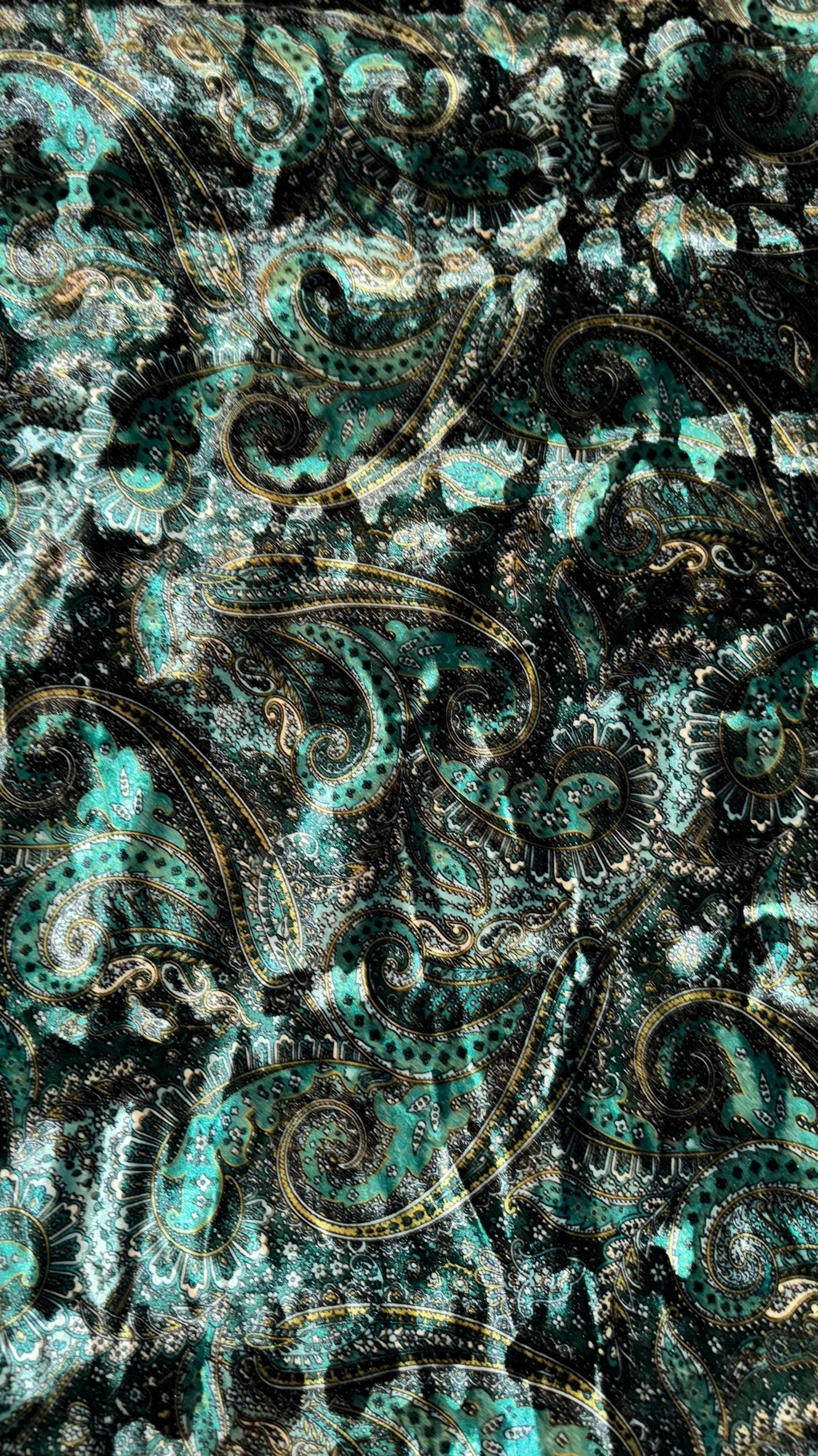 New Luxury Paisley design print on Stretch velvet peacock green and Blush red colors  4-way stretch 58/60” Sold by the YD. Ships Worldwide