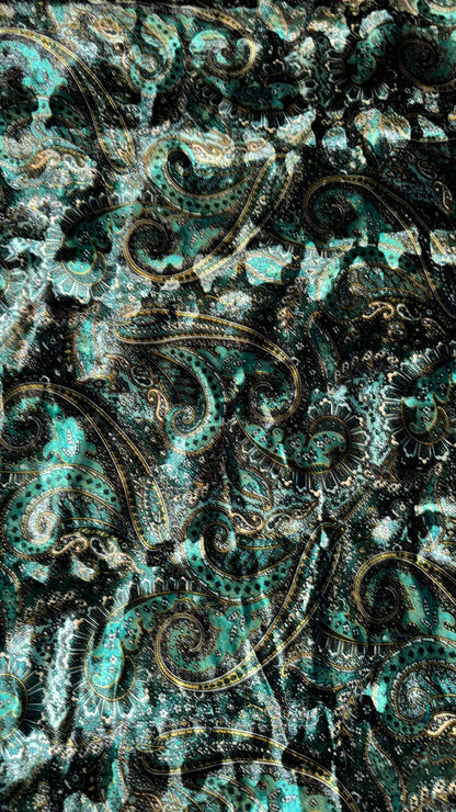 New Luxury Paisley design print on Stretch velvet peacock green and Blush red colors  4-way stretch 58/60” Sold by the YD. Ships Worldwide