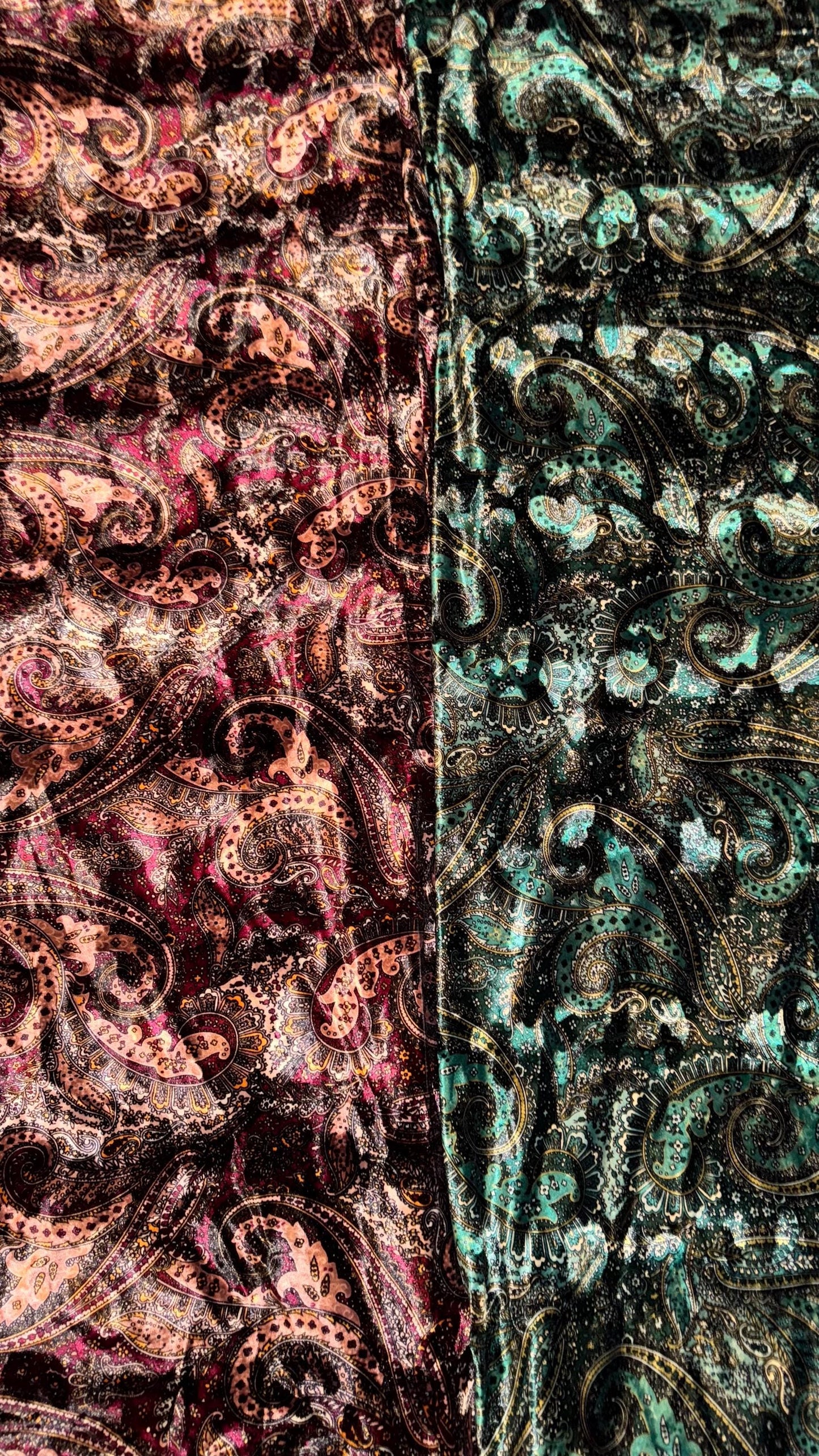 New Luxury Paisley design print on Stretch velvet peacock green and Blush red colors  4-way stretch 58/60” Sold by the YD. Ships Worldwide