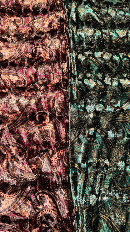 New Luxury Paisley design print on Stretch velvet peacock green and Blush red colors  4-way stretch 58/60” Sold by the YD. Ships Worldwide