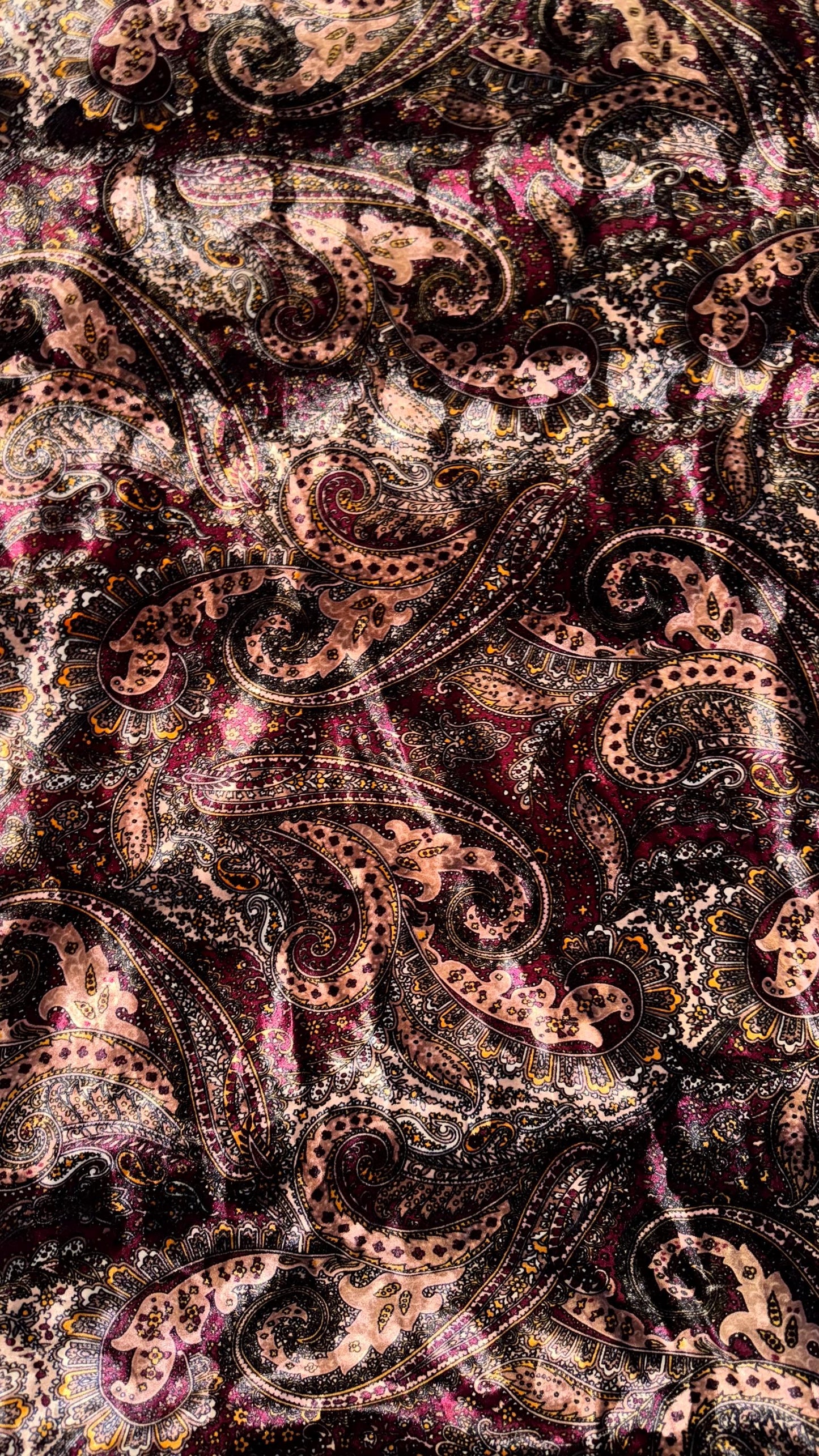 New Luxury Paisley design print on Stretch velvet peacock green and Blush red colors  4-way stretch 58/60” Sold by the YD. Ships Worldwide