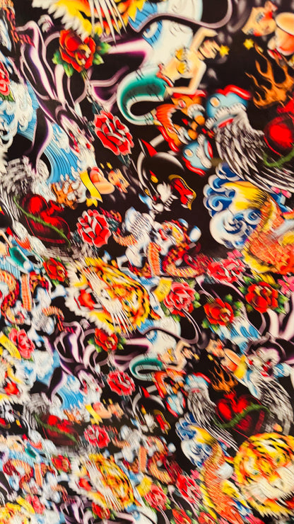 Deluxe Japanese Tattoo design print on Crepe Back Luxury satin non stretch  58/60” High Quality fabrics by AlexLAFabrics