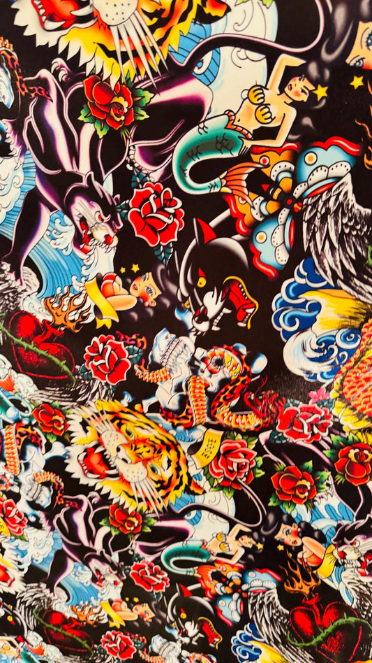 Deluxe Japanese Tattoo design print on Crepe Back Luxury satin non stretch  58/60” High Quality fabrics by AlexLAFabrics
