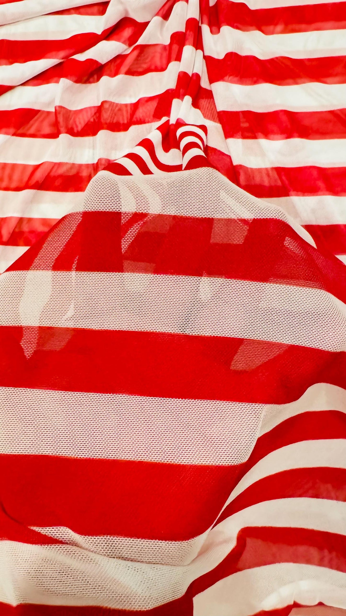 Stripes design 1” size Red/White print on power mesh 4-way stretch 58/60” Sold by the YD. Ships Worldwide from Los Angeles California USA.