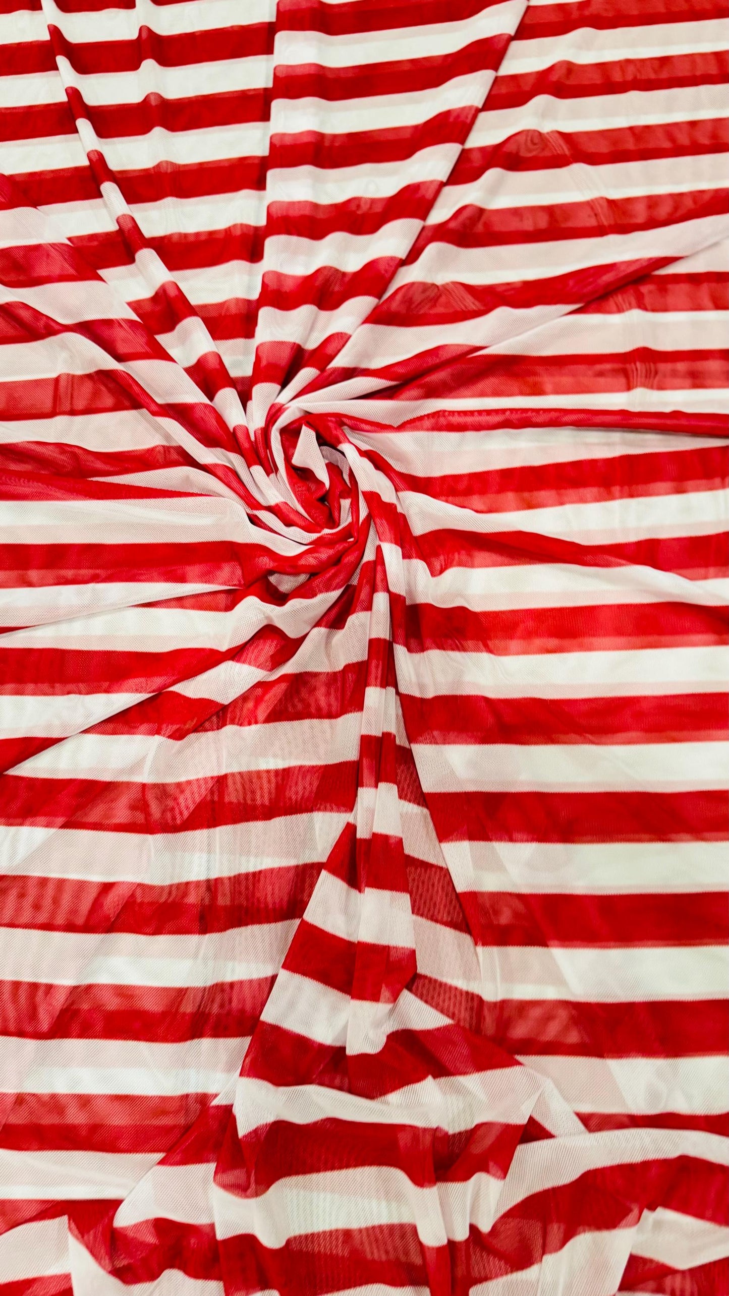 Stripes design 1” size Red/White print on power mesh 4-way stretch 58/60” Sold by the YD. Ships Worldwide from Los Angeles California USA.
