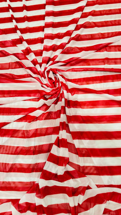 Stripes design 1” size Red/White print on power mesh 4-way stretch 58/60” Sold by the YD. Ships Worldwide from Los Angeles California USA.