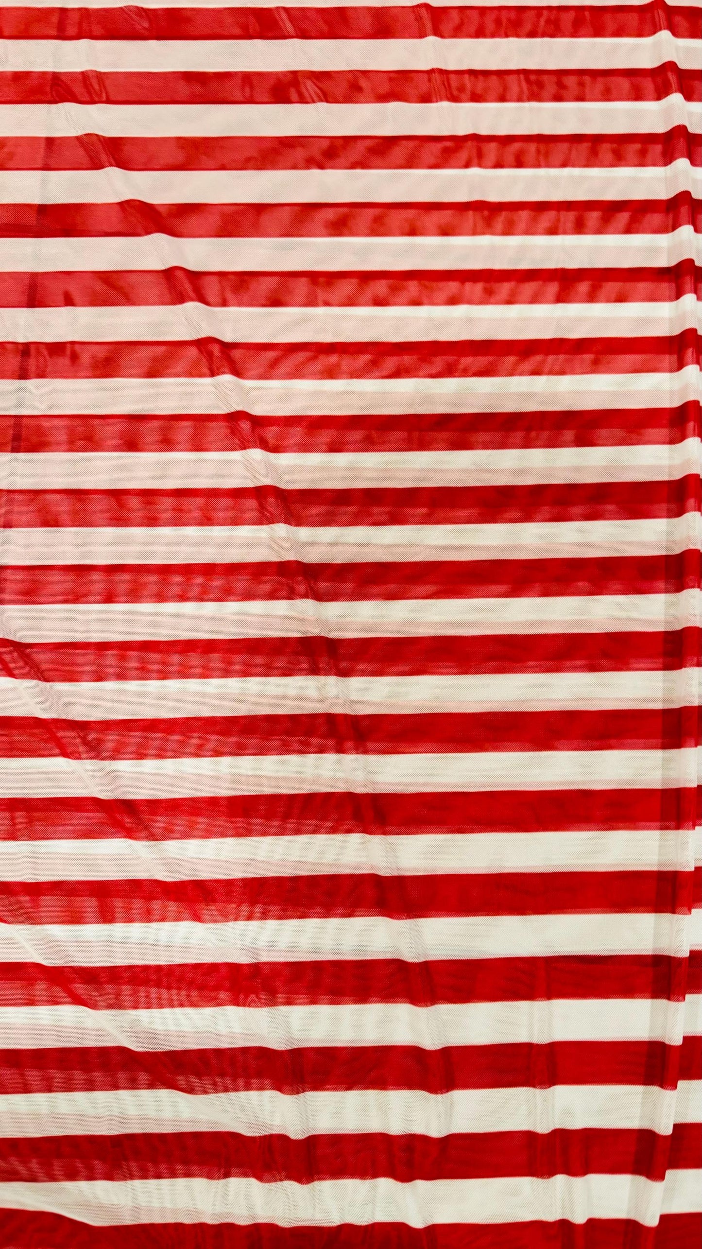Stripes design 1” size Red/White print on power mesh 4-way stretch 58/60” Sold by the YD. Ships Worldwide from Los Angeles California USA.