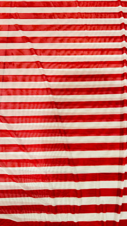 Stripes design 1” size Red/White print on power mesh 4-way stretch 58/60” Sold by the YD. Ships Worldwide from Los Angeles California USA.