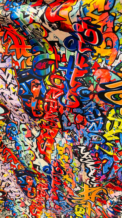 Graffiti design Multicolor print on great quality of nylon spandex  4-way stretch 58/60” Sold by the YD. Ships worldwide from Los Angeles CA