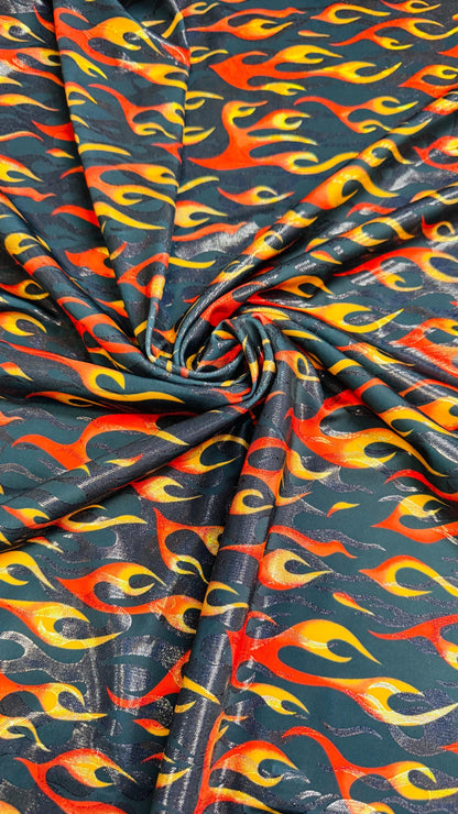 New Hot flames design metallic nylon spandex with foggy foil 4-way stretch 58/60” Sold by the YD. Ships Worldwide from Los Angeles CA USA