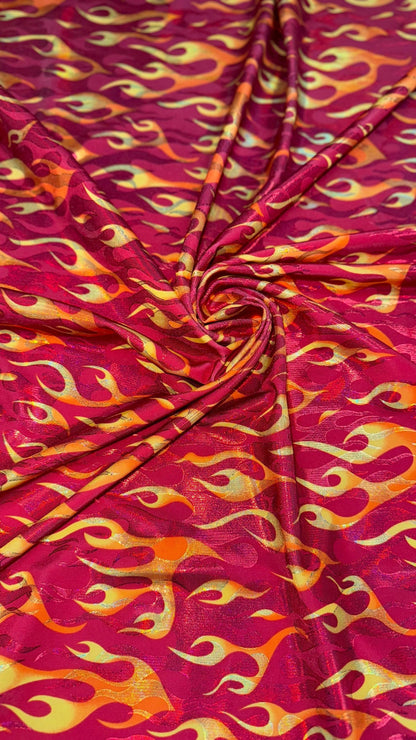 New Hot flames design metallic nylon spandex with foggy foil 4-way stretch 58/60” Sold by the YD. Ships Worldwide from Los Angeles CA USA