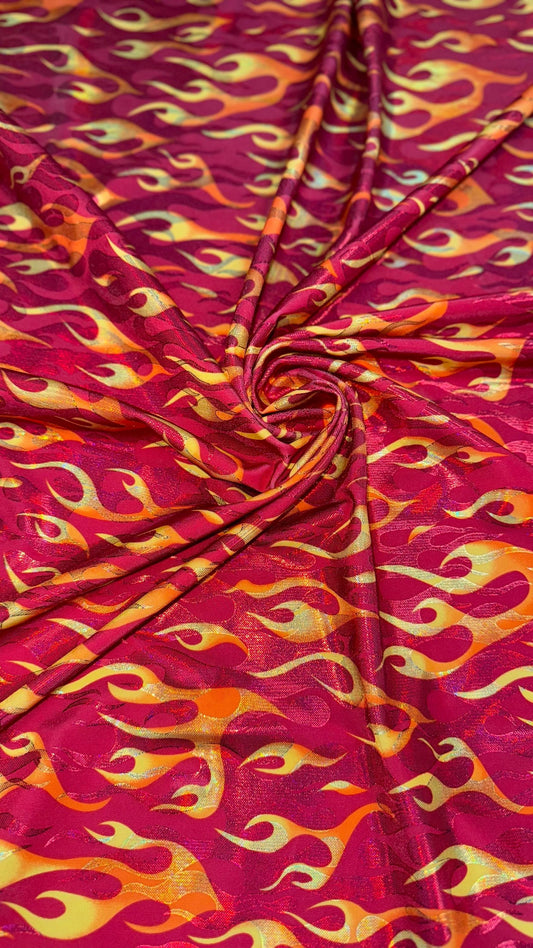 New Hot flames design metallic nylon spandex with foggy foil 4-way stretch 58/60” Sold by the YD. Ships Worldwide from Los Angeles CA USA