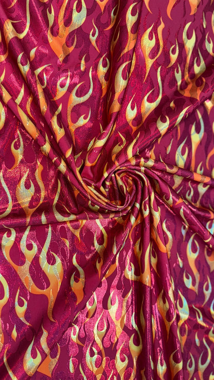 New Hot flames design metallic nylon spandex with foggy foil 4-way stretch 58/60” Sold by the YD. Ships Worldwide from Los Angeles CA USA