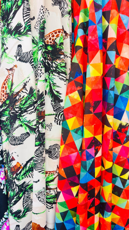 Various designs multicolor print on great nylon spandex 4way stretch 58/60" Sold by the yd. Ships worldwide from Los Angeles California USA.