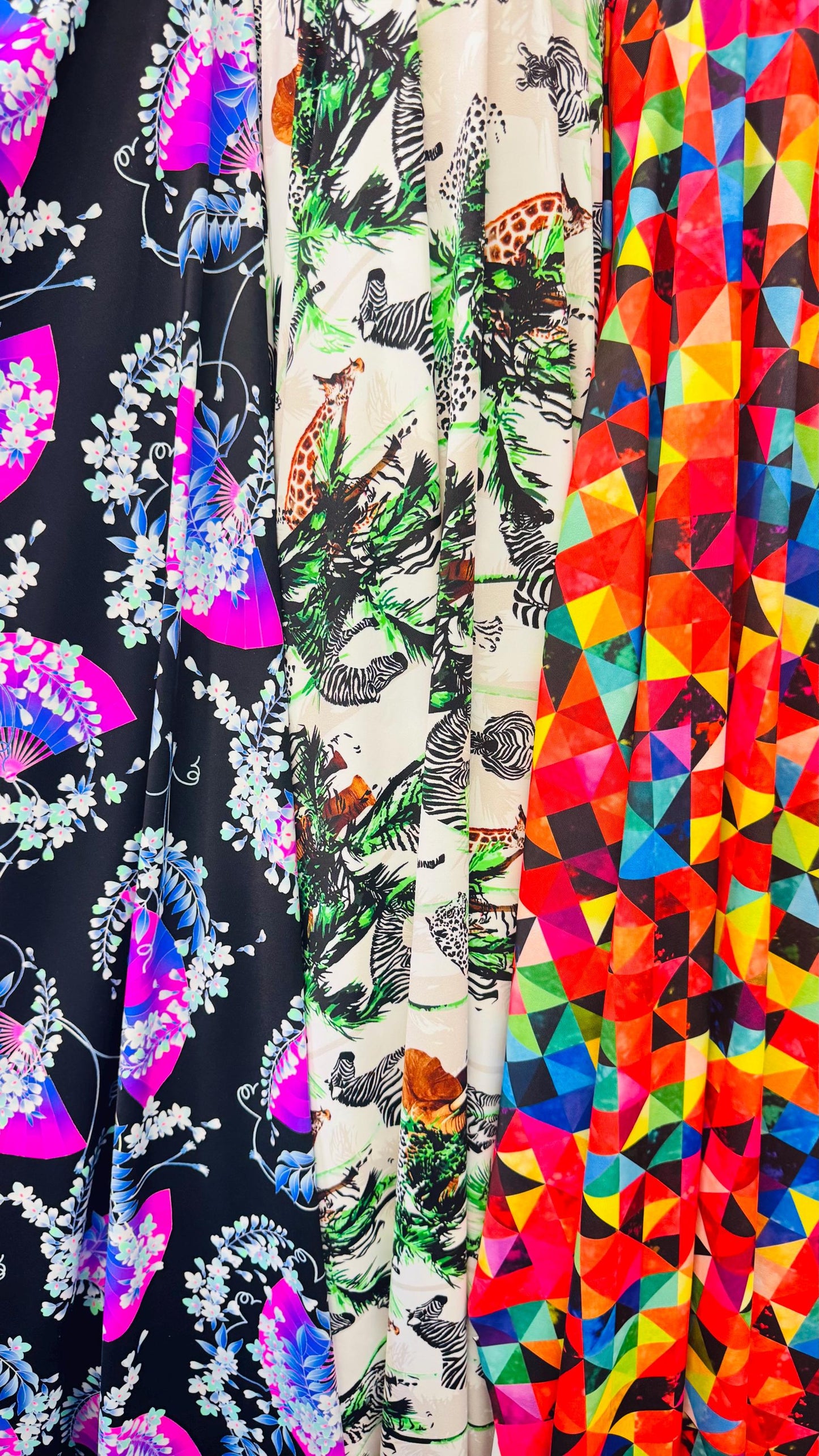 Various designs multicolor print on great nylon spandex 4way stretch 58/60" Sold by the yd. Ships worldwide from Los Angeles California USA.