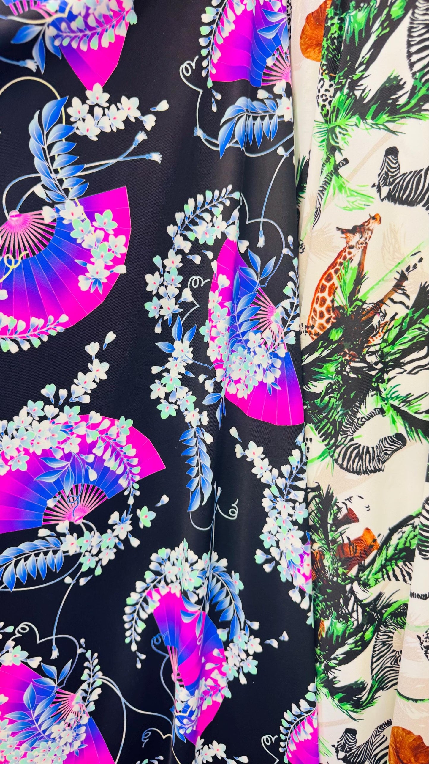 Various designs multicolor print on great nylon spandex 4way stretch 58/60" Sold by the yd. Ships worldwide from Los Angeles California USA.