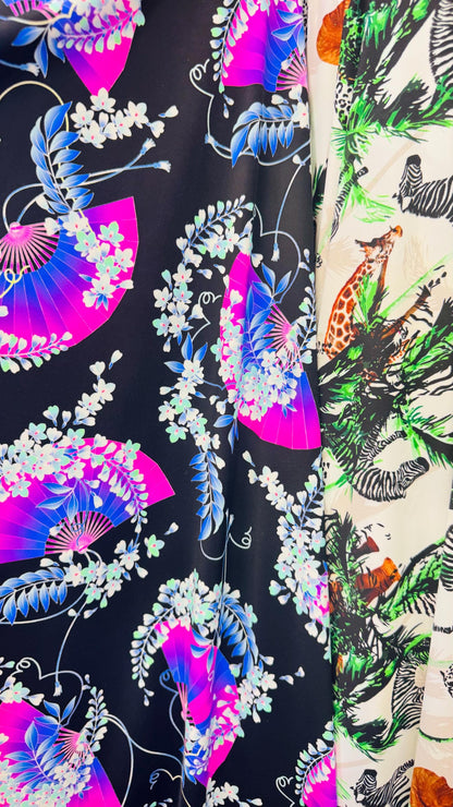 Various designs multicolor print on great nylon spandex 4way stretch 58/60" Sold by the yd. Ships worldwide from Los Angeles California USA.