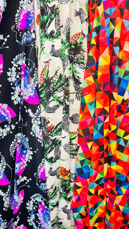 Various designs multicolor print on great nylon spandex 4way stretch 58/60" Sold by the yd. Ships worldwide from Los Angeles California USA.