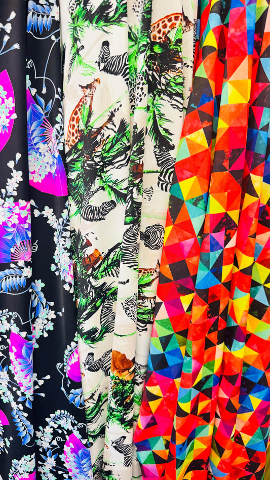 Various designs multicolor print on great nylon spandex 4way stretch 58/60" Sold by the yd. Ships worldwide from Los Angeles California USA.