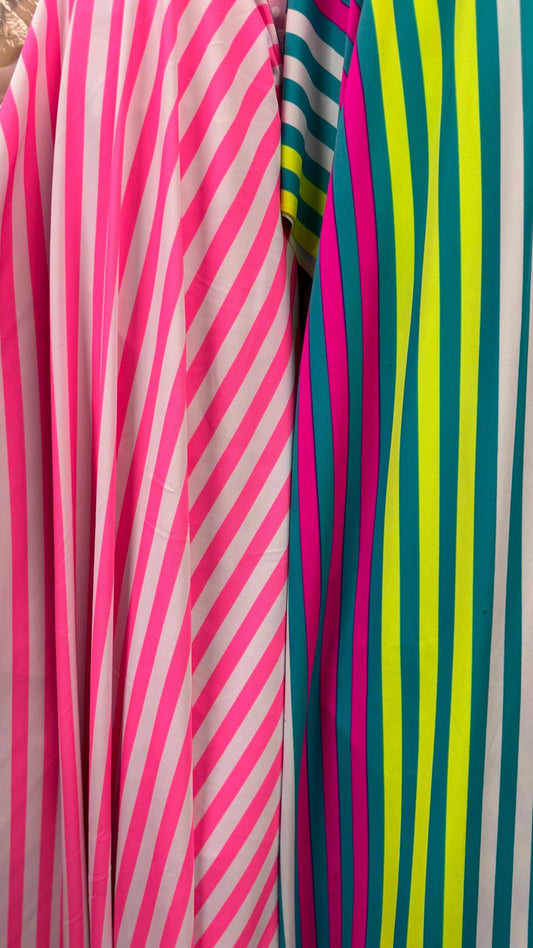 Stripes design 1/2” size  Neon Color print on nylon spandex 4-way stretch 58/60” Sold by the YD. Ships Worldwide from Los Angeles California