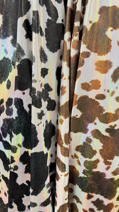 Luxury Exotic Cow design on hologram Iridescent metallic nylon spandex 4-way stretch 58/60” High quality fabrics by AlexLAFabrics
