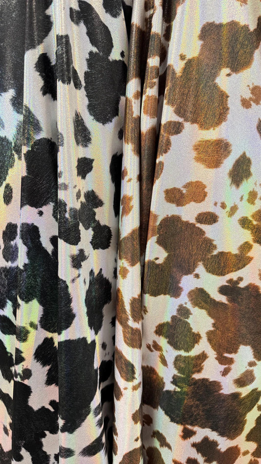 Luxury Exotic Cow design on hologram Iridescent metallic nylon spandex 4-way stretch 58/60” High quality fabrics by AlexLAFabrics