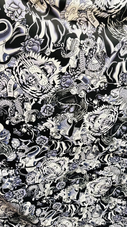 New Tattoo Japanese design Black/White print on nylon spandex 4-way stretch 58/60” High quality fabrics by AlexLAFabrics