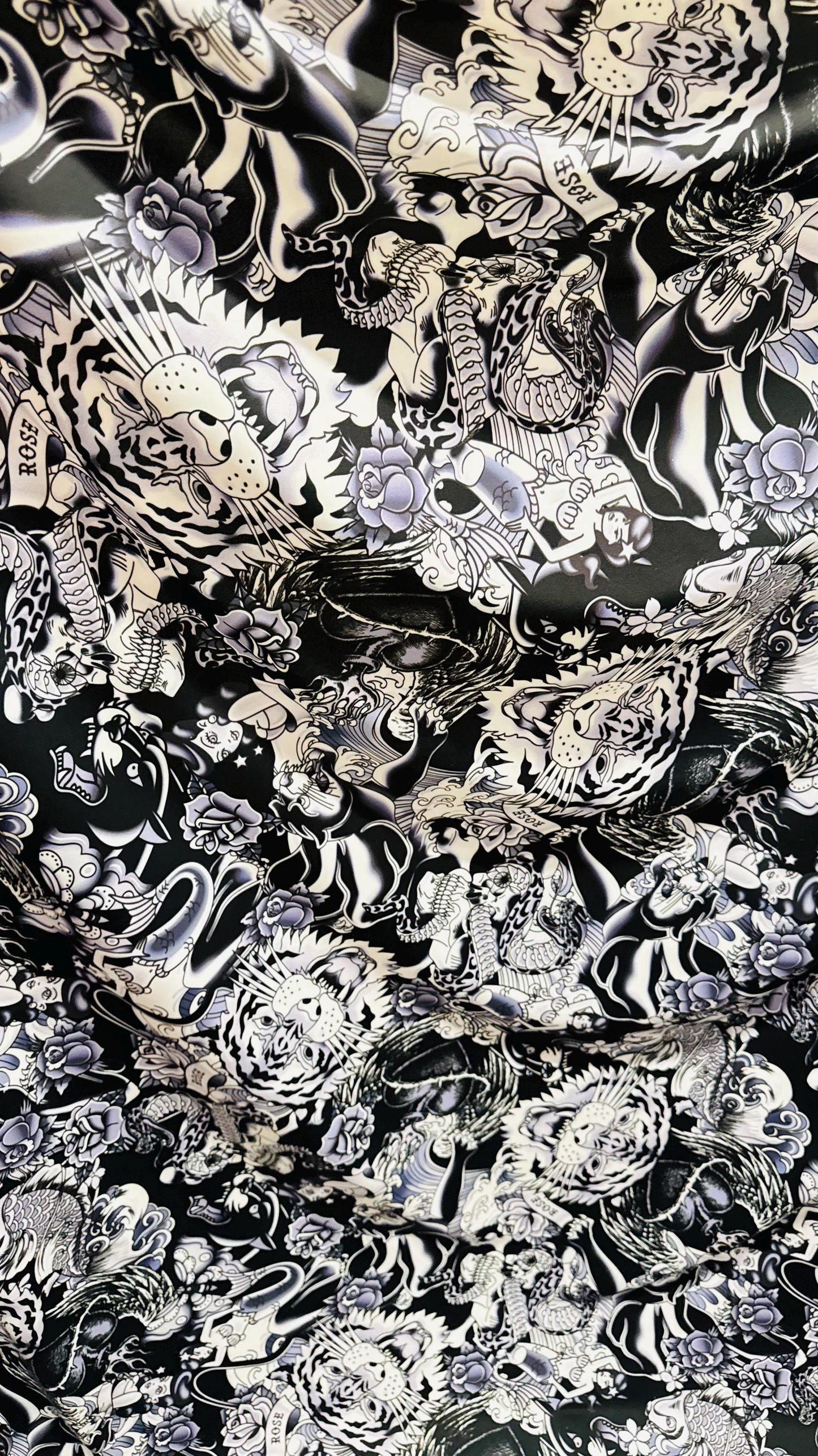 New Tattoo Japanese design Black/White print on nylon spandex 4-way stretch 58/60” High quality fabrics by AlexLAFabrics