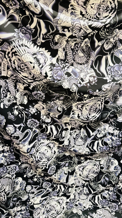 New Tattoo Japanese design Black/White print on nylon spandex 4-way stretch 58/60” High quality fabrics by AlexLAFabrics