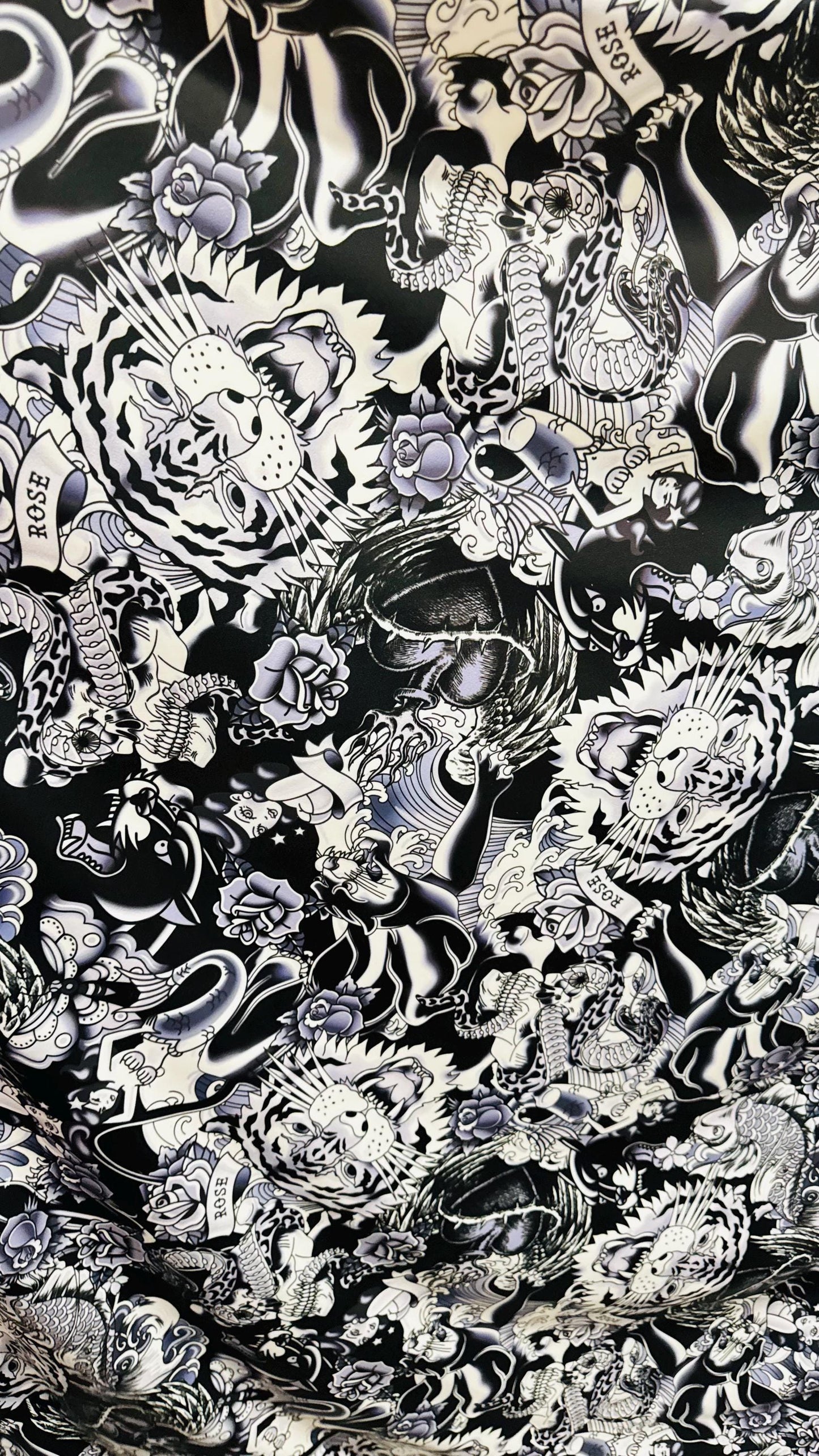 New Tattoo Japanese design Black/White print on nylon spandex 4-way stretch 58/60” High quality fabrics by AlexLAFabrics
