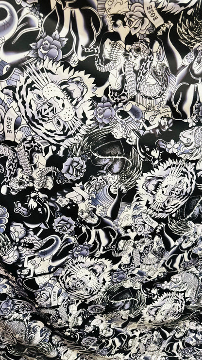 New Tattoo Japanese design Black/White print on nylon spandex 4-way stretch 58/60” High quality fabrics by AlexLAFabrics