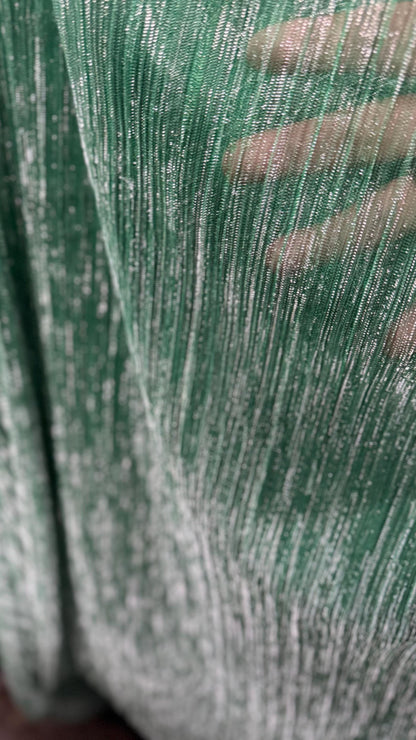 New Pleated metallic stretch mesh  Green/Silver 4way stretch 58/60" Sold by the YD. Ships worldwide from Los Angeles California USA.