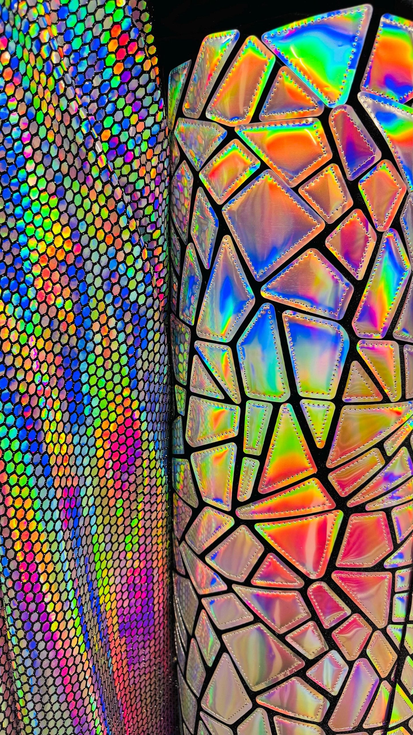 New Geometric Iridescent Fabrics Honeycomb , Shattered Galss Black/silver and Jumbo Shattered glass on stretch velvet 2-way stretch 58/60”