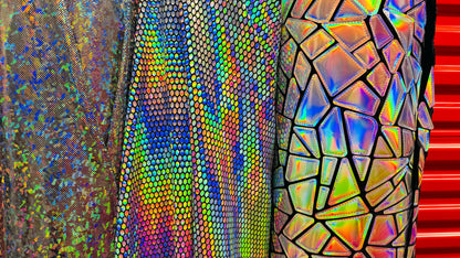 New Geometric Iridescent Fabrics Honeycomb , Shattered Galss Black/silver and Jumbo Shattered glass on stretch velvet 2-way stretch 58/60”