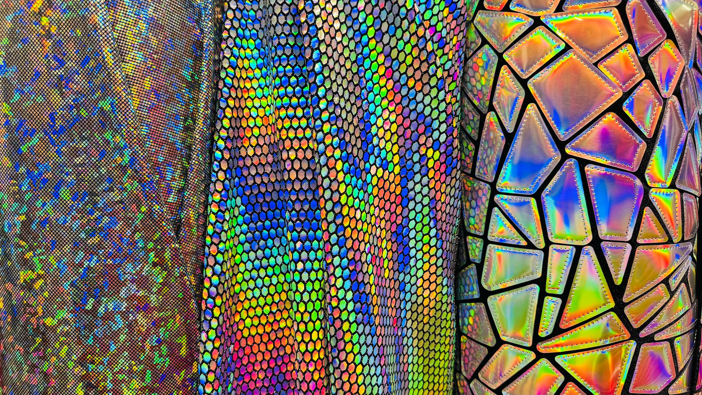 New Geometric Iridescent Fabrics Honeycomb , Shattered Galss Black/silver and Jumbo Shattered glass on stretch velvet 2-way stretch 58/60”