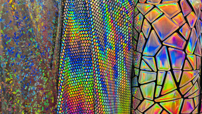 New Geometric Iridescent Fabrics Honeycomb , Shattered Galss Black/silver and Jumbo Shattered glass on stretch velvet 2-way stretch 58/60”