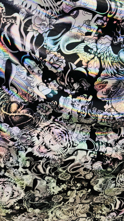 NEW Japanese Tattoo design on Iridescent Metallic nylon spandex with foggy foil  4-way stretch 58/60” High Quality fabrics by AlexLAFabrics