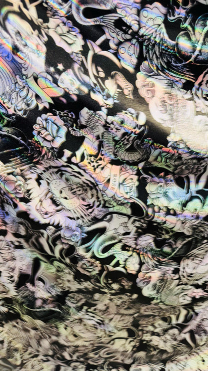 NEW Japanese Tattoo design on Iridescent Metallic nylon spandex with foggy foil  4-way stretch 58/60” High Quality fabrics by AlexLAFabrics