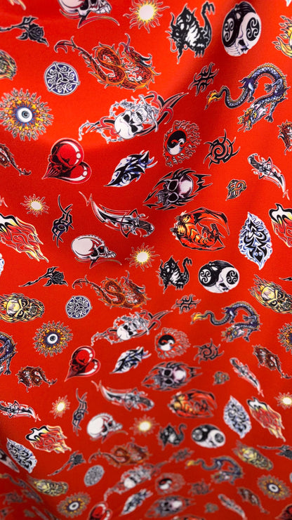 New Exotic Dragon and Fire Skull design print on nylon spandex 4-way 58/60” Sold by the YD. Ships worldwide from Los Ángeles California USA.