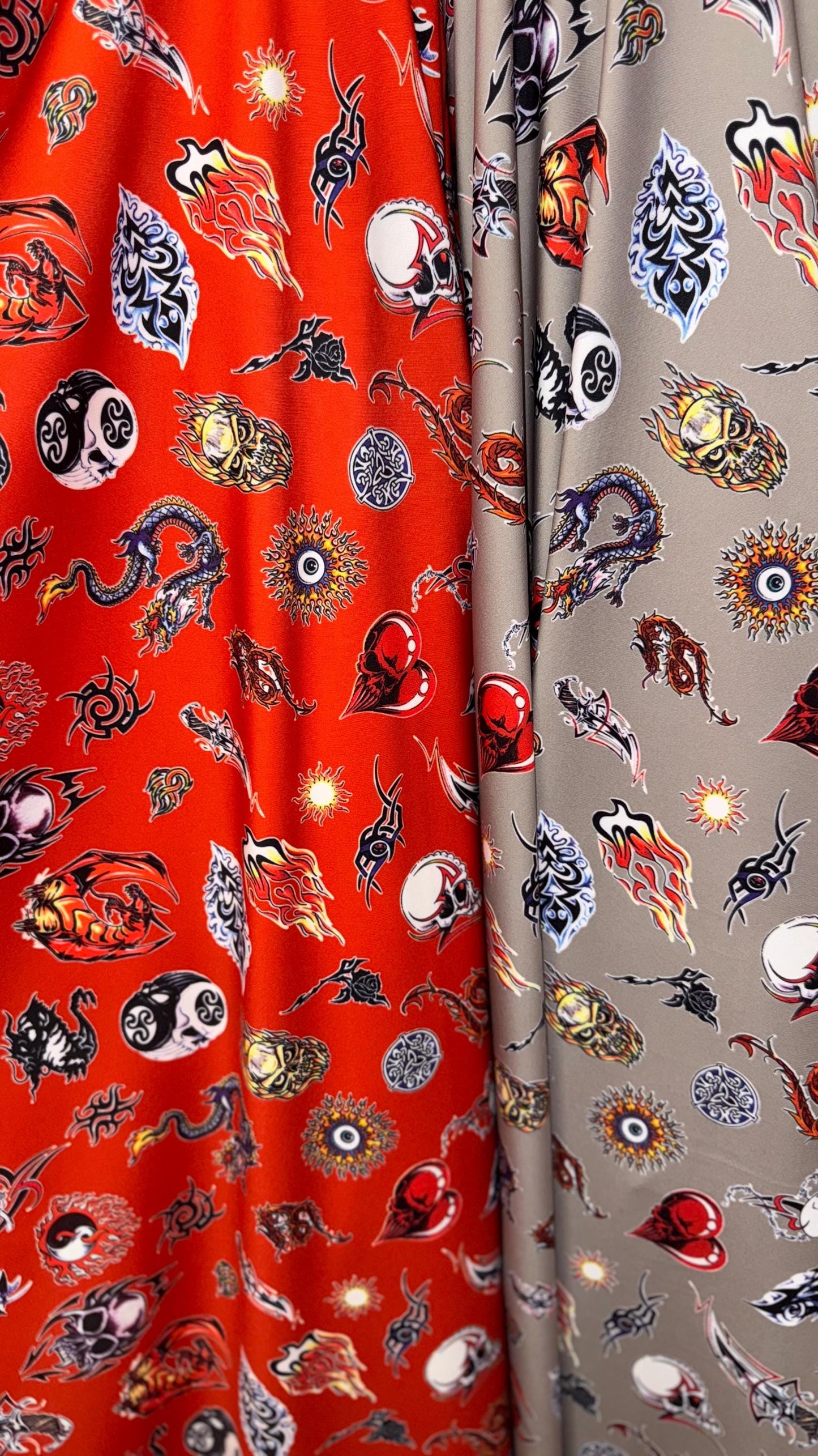 New Exotic Dragon and Fire Skull design print on nylon spandex 4-way 58/60” Sold by the YD. Ships worldwide from Los Ángeles California USA.