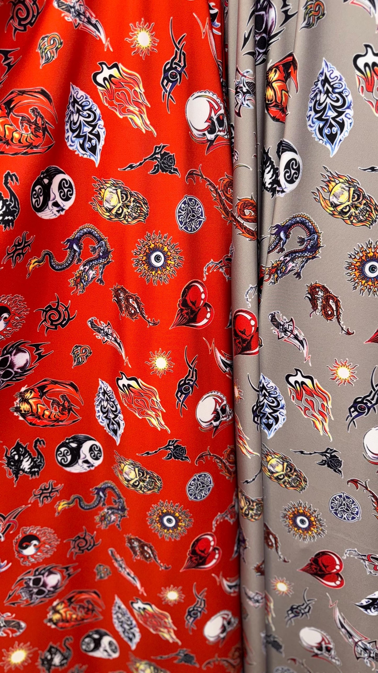 New Exotic Dragon and Fire Skull design print on nylon spandex 4-way 58/60” Sold by the YD. Ships worldwide from Los Ángeles California USA.