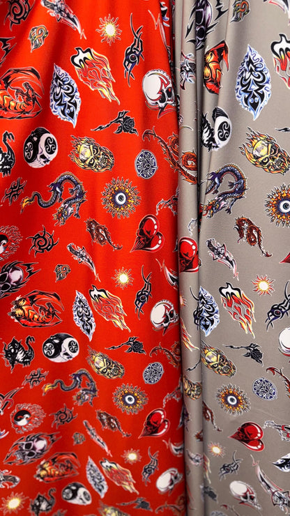 New Exotic Dragon and Fire Skull design print on nylon spandex 4-way 58/60” Sold by the YD. Ships worldwide from Los Ángeles California USA.
