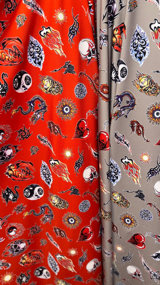 New Exotic Dragon and Fire Skull design print on nylon spandex 4-way 58/60” Sold by the YD. Ships worldwide from Los Ángeles California USA.